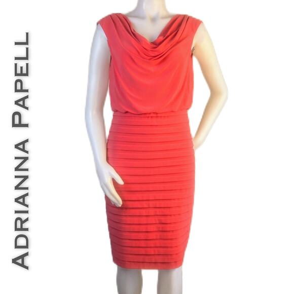Adrianna Papell Sheath Dress 6 Coral Sleeveless Shutter Pleat Blouson Cowl Neck - Picture 1 of 9